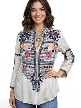 Johnny Was Biya “Elysian Tapestry” Embroidered Silk Blouse RARE